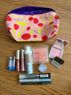 Clinique Pink Cherry Print Makeup Bag with Purple Interior & Essentials